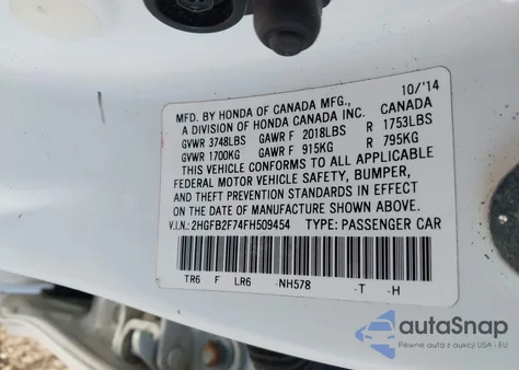 2015 Honda Civic Se z USA, uszkodzony, nr VIN 2HGFB2F74FH509454